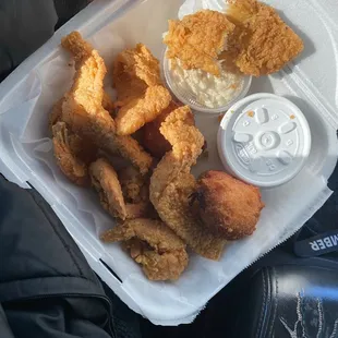 2 Pc Tilapia Dinner with 5 Pc Jumbo Shrimp Baked Beans and Coleslaw.