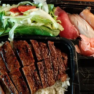 Part one of the beef teriyaki bento box. Incredibly generous and tasty ... And there was tempura, too. Pictures posted also.