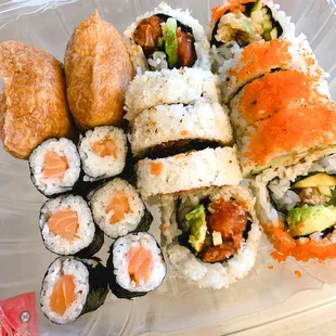 Inari Nigiri Sushi, Sake Maki Sushi, Spicy Tuna Crunchy Roll Sushi and Spider Roll Sushi