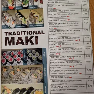 menu, sushi and sashimi