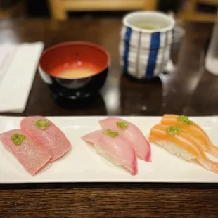 O-toro fatty tuna, hamachi, salmon belly nigiri and miso soup