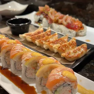 Lemon roll, pan fried gyoza and the special poke roll