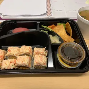 Fancy Lunch Today. Sushi Lunch Box. Miso Soup, American Dream Roll, Tuna Sushi, Spicy Tuna with Chips