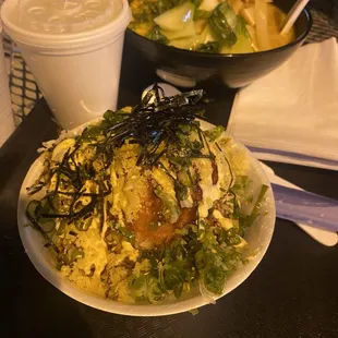 Spicy Tuna Don Volcano Style (comes with miso soup) and Tonkatsu Ramen.