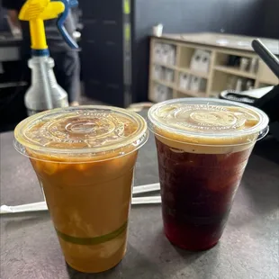 Almond milk latte, extra shot and a nitro cold brew!