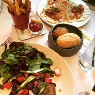 Salmon salad, salmon tacos, and French fries