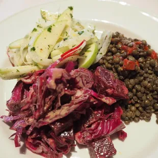 3 choices of salad $14; curry lentil, shaved red cabbage, and apple vinaigrette