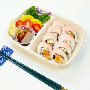 a bento box of food