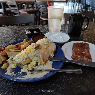 Cowboy Burrito w sides of Corned Beef Hash &amp; Cottage Cheese.