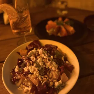 a plate of food and a drink