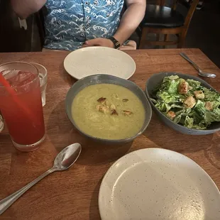 Zuppa del Giorno broccoli &amp; pea puree with Insalata di Cesare