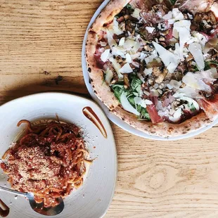 Prosciutto Pizza with mushrooms and Bucatini Amatriciana