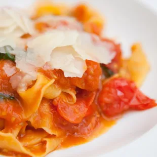 Pappardelle with Cherry Tomatoes, Basil, and Parmigiano Reggiano.