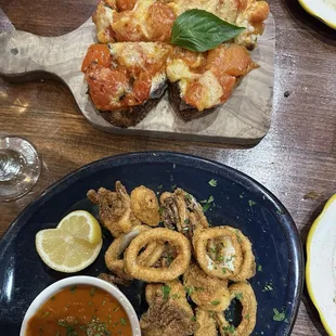 Fried Calamari Fritti and Bruschetta al Pomodoro