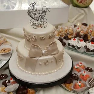 a wedding cake and pastries