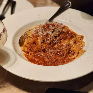 Tagliatelle Bolognese with egg pasta and meat ragu