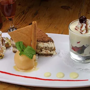 Dolce Trio, a dessert sampler of Tiramisù, Cannoli Siciliani, Zabaione alla Gritti &amp; a scoop of Bellini Sorbet. Andiamo!