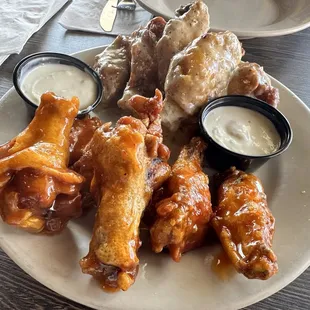 Garlic-Parmesan wings, Mango-Habanero wings