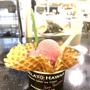 Dragonfruit and Ube Cookies in Waffle Bowl