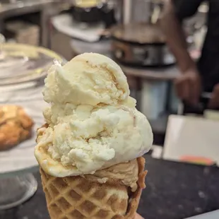 Two scoops of deliciousness. Hawaiian caramel sea salt and Kona coffee