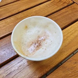 a cup of coffee on a wooden table