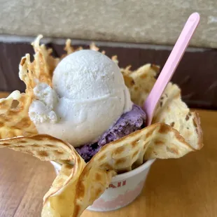 Regular size in a waffle bowl, Tahitian vanilla &amp; ube cookies and cream