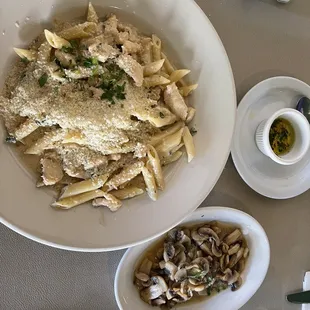 The famous creamy Gorgonzola penne pasta with mushrooms and chicken.