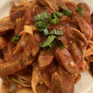 Fettuccine with Sausage and tomato sauce