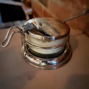 a pan on a counter