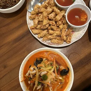 Spicy jjampong, spicy jjajangmyeon &amp; pork tangsooyook w/sauce on the side