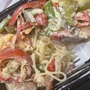 Lobster &amp; Shrimp Pasta with added peppers and broccoli