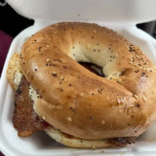 Bacon egg and cheese on everything bagel