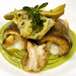 Branzino with artichokes, shrimp in broccoli sauce