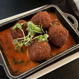 Dry Aged Meatballs - Smoked Pomodoro, Piave, Chianti, Fresh Basil