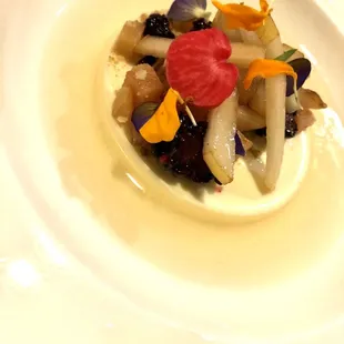 Citrus Panna Cotta Sour Apple Consomme, Verjus, Nectarine, Pecan, Blackberries