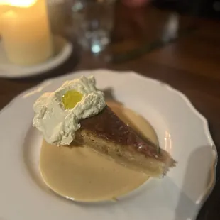 Pine nut tart with peach curd, whipped cream with a dollop of olive oil. The perfect tart - and not overwhelmingly sweet. Delightful