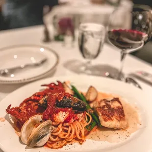 Lobster pasta and halibut