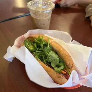 Combination banh mi and viet iced coffee