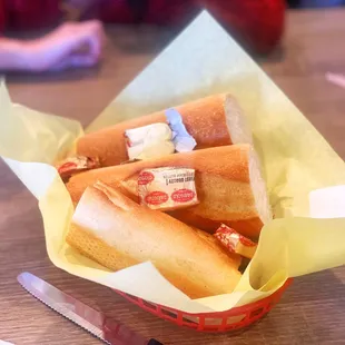 a basket of sandwiches