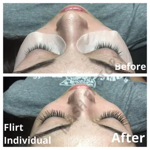 Flirt Individual - Filled to 45 individual extensions per eye, cat eye shape, 3 coat of mascara thickness of the individual extensions