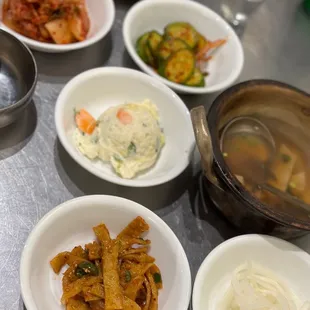Complimentary banchan and fish cake soup