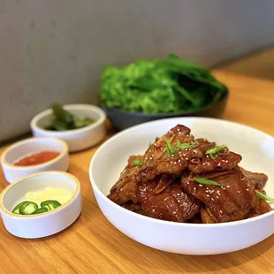 LA Galbi: Soy marinated flanken cut beef short ribs, assorted ssäm | $38