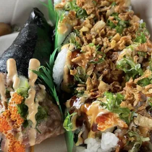 Crunch roll and spicy ahi hand roll