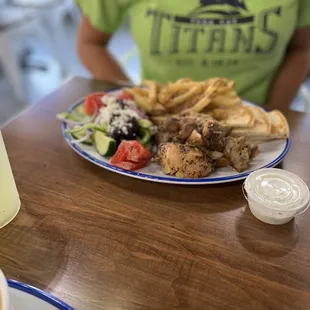 Chicken Souvla, Country Greek Salad and Greek Style Fries