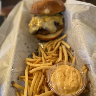 a burger and fries