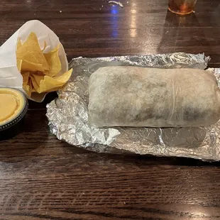 Burrito, chips, queso