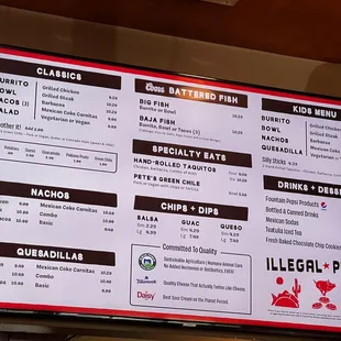 a menu on the wall