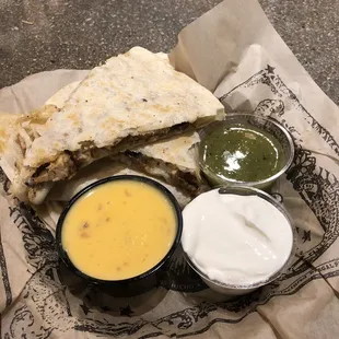 a quesadilla and dips
