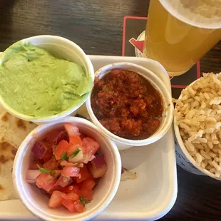 Quesadilla w/ pico de gallo, red salsa, guac, rice &amp; White Rascal @ Illegal Pete's on the Hill