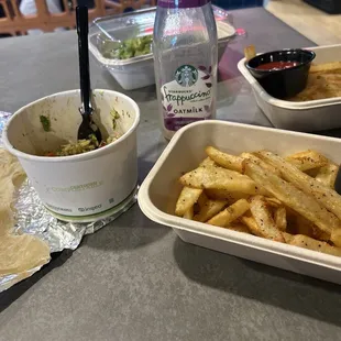 Kids burrito bowl, small tortilla, French fries.